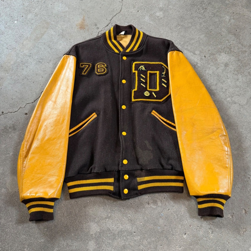 Vintage 70s Butwin Varsity Jacket Mens 40 Brown Yellow Leather Sleeve Letterman